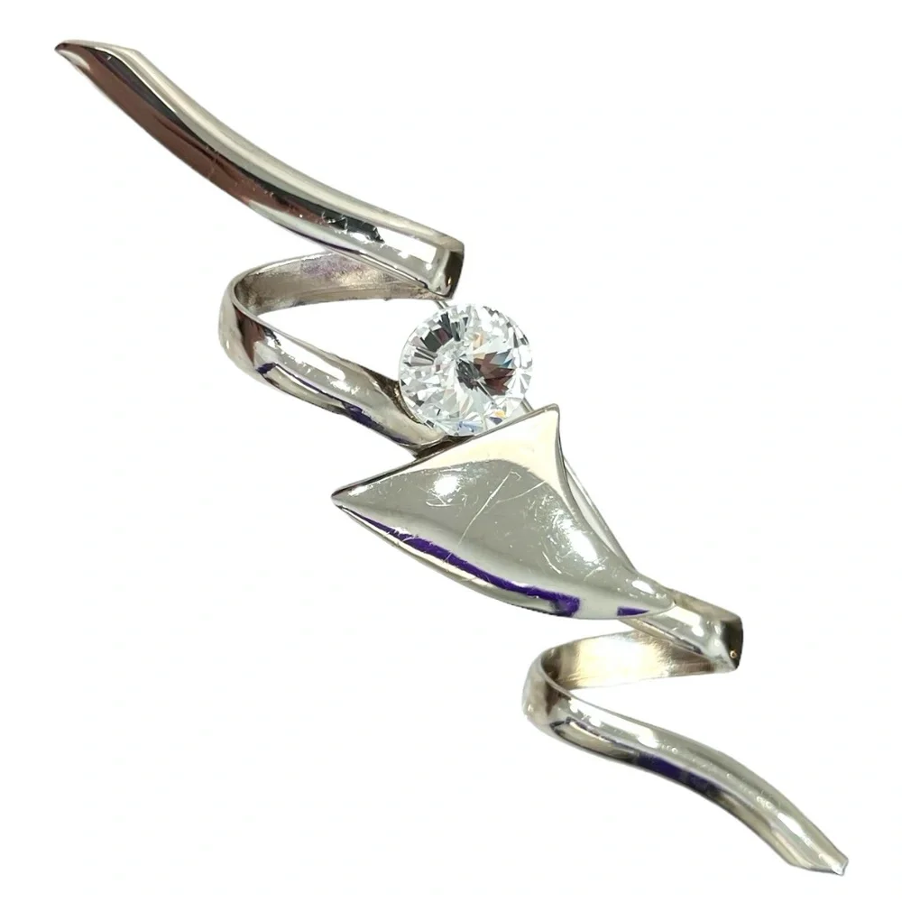 VINTAGE ARTISTIC SILVER TONE SQUIGGLE & CRYSTAL BROOCH